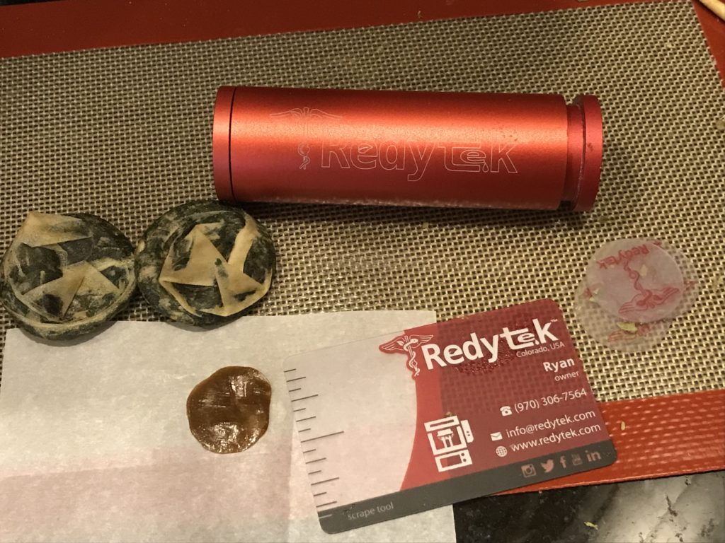Turning Carmel Dispensary flower into gold solventless concentrate using Rosin technique and Redytek rosin press California
