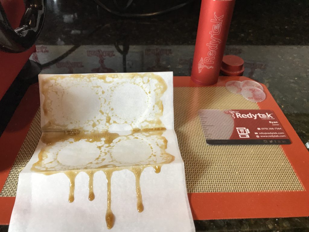 Turning El Reno Dispensary flower into gold solventless concentrate using Rosin technique and Redytek rosin press Oklahoma